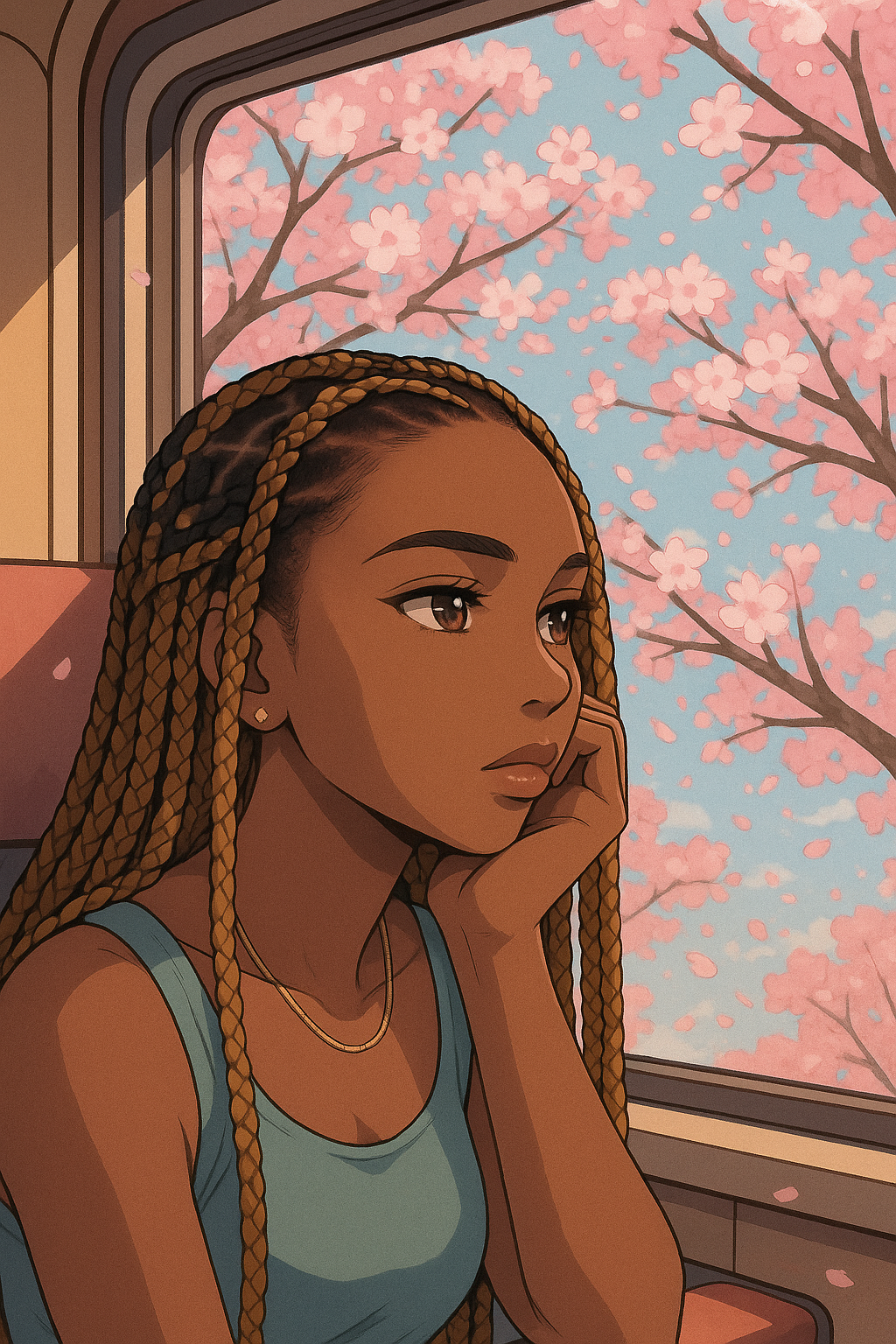 Create a dreamy shot of me staring out a train window as cherry blossoms float by