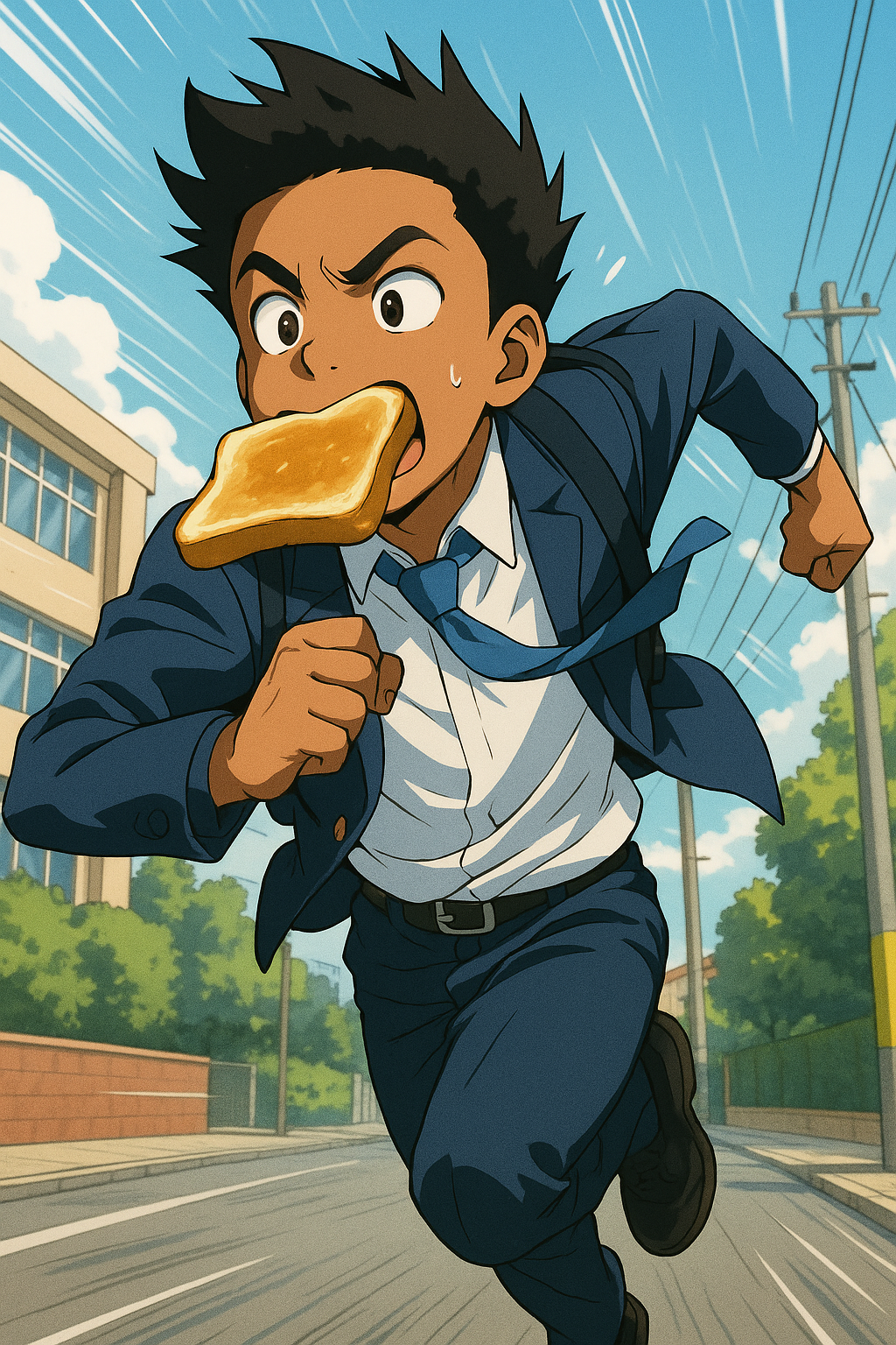 Turn me into a chaotic anime student sprinting with toast in my mouth, late for class